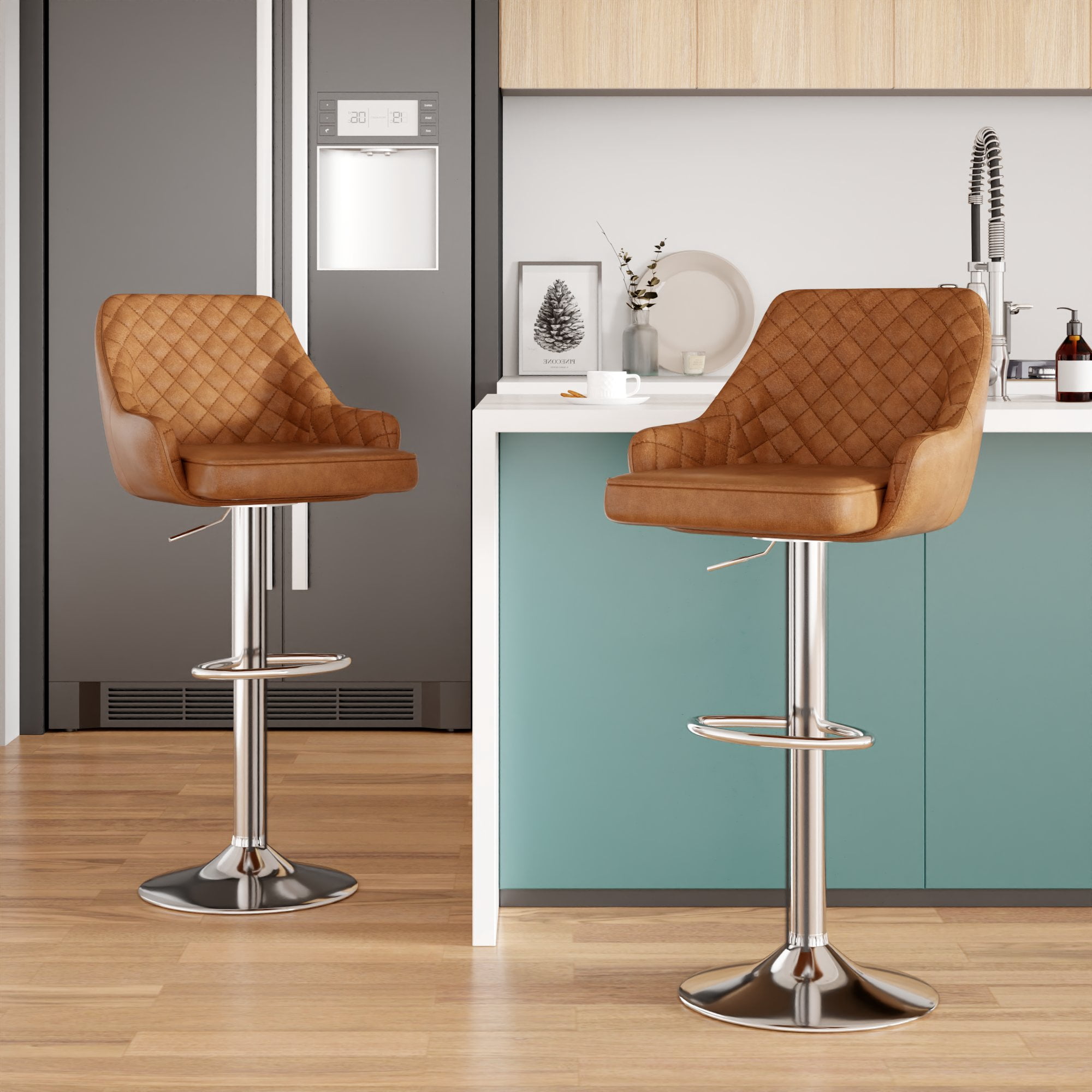 VECELO Bar Stools Set of 4 Modern PU Leather Height Adjustable Swivel Barstool with Back and Footrest, Brown