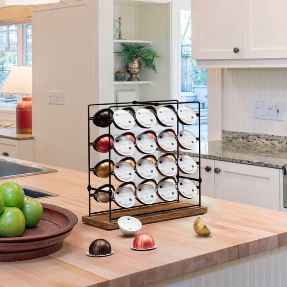 Coffee Pod Organizer, 32-Capsule Storage Rack Dispenser for Kitchen Countertop, Office - Black & Brown