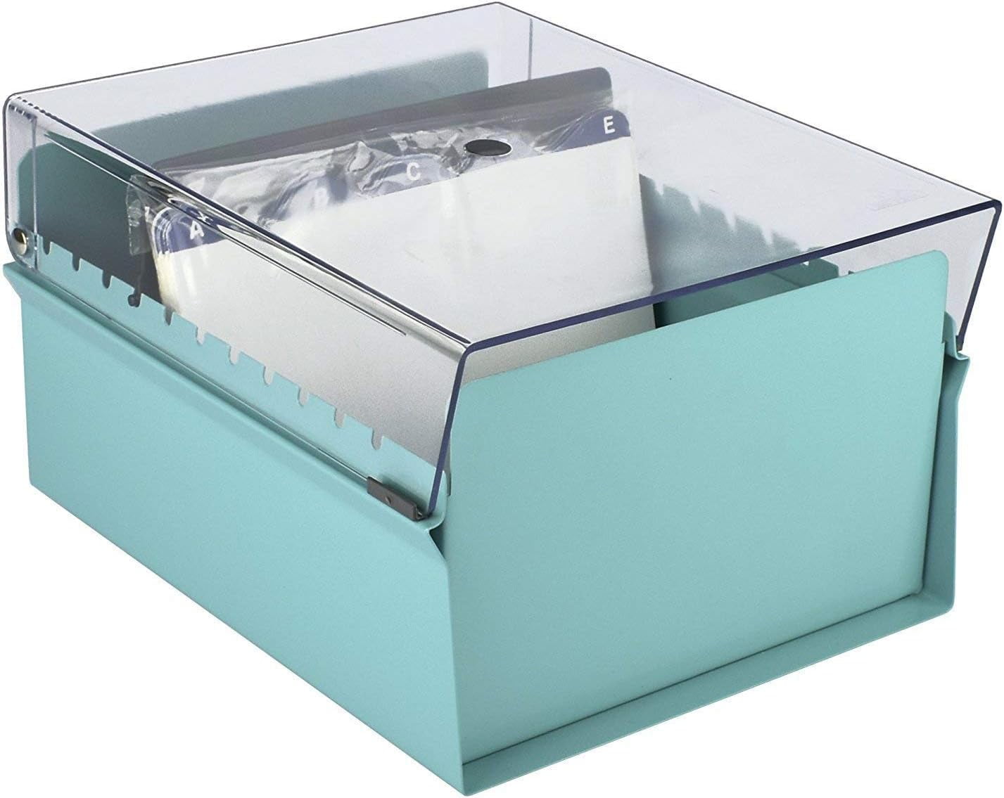 Acrimet 5 X 8 Card File Holder Organizer Box Metal Base Heavy Duty (AZ Index Cards and Divider Included) (Green Color with Clear Crystal Plastic Lid Cover)