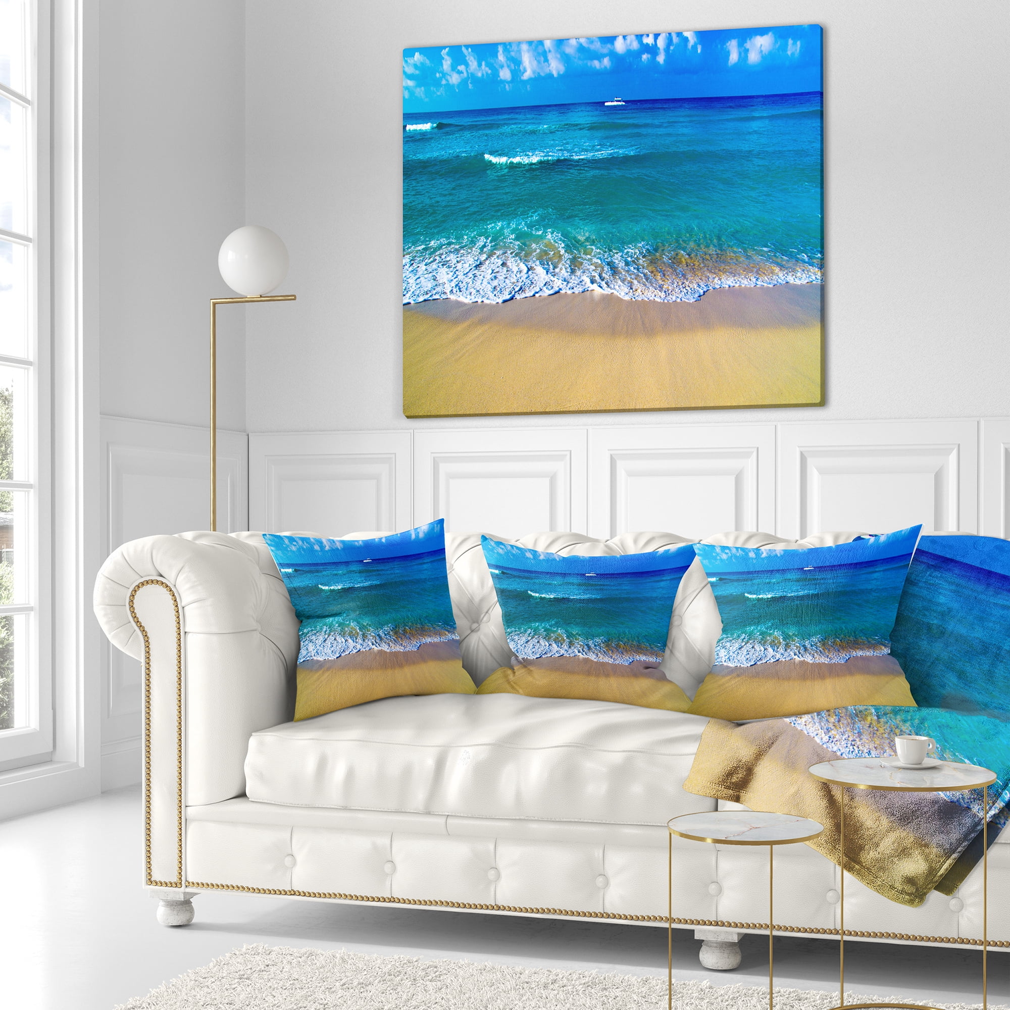 Designart Floating Blue Waves Beach - Seashore Throw Pillow - 16x16