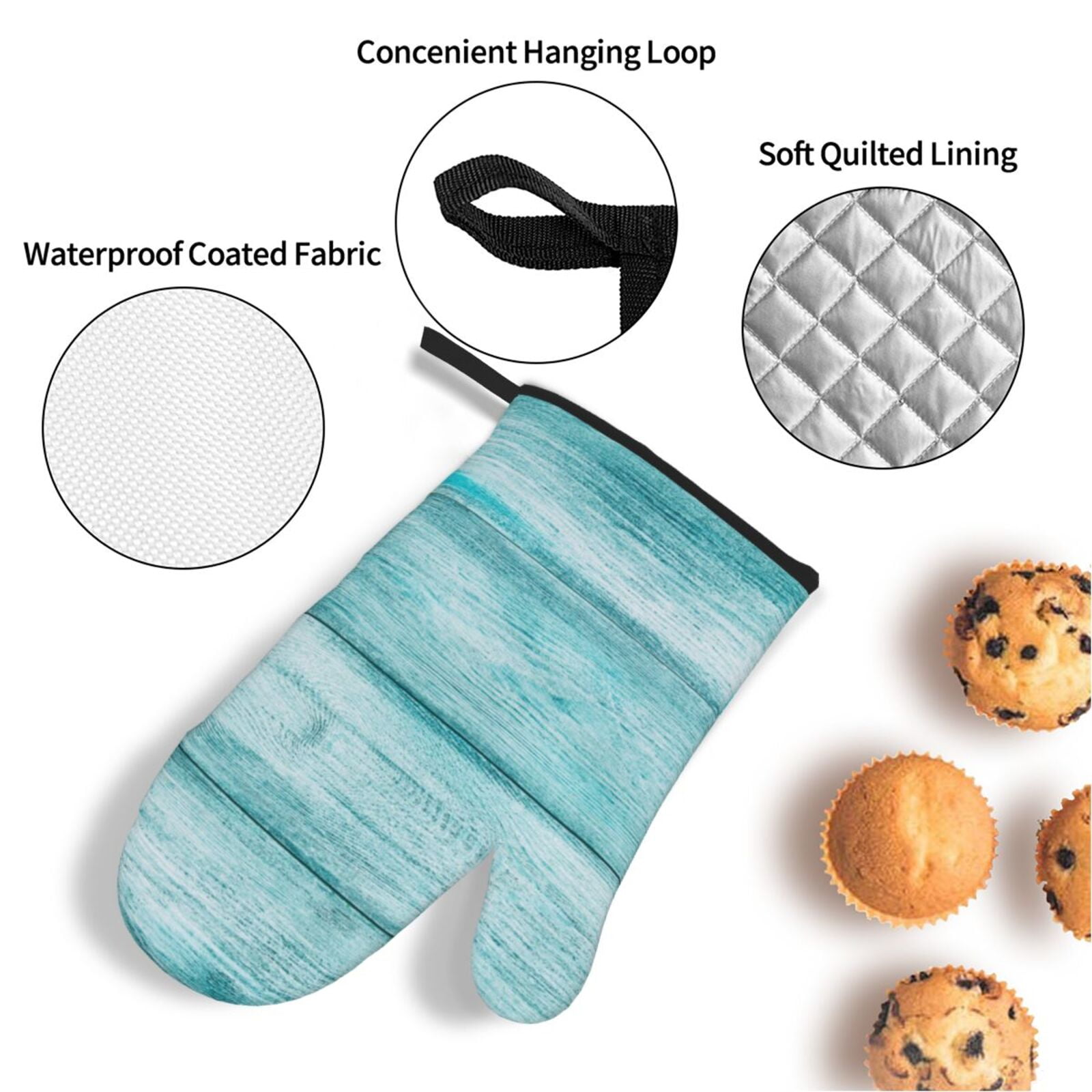 Naloa Teal Turquoise Wood Oven Mitts and Pot Holders 4 pcs Set, Cooking Baking Grilling Kitchen Oven Glove for Cooking