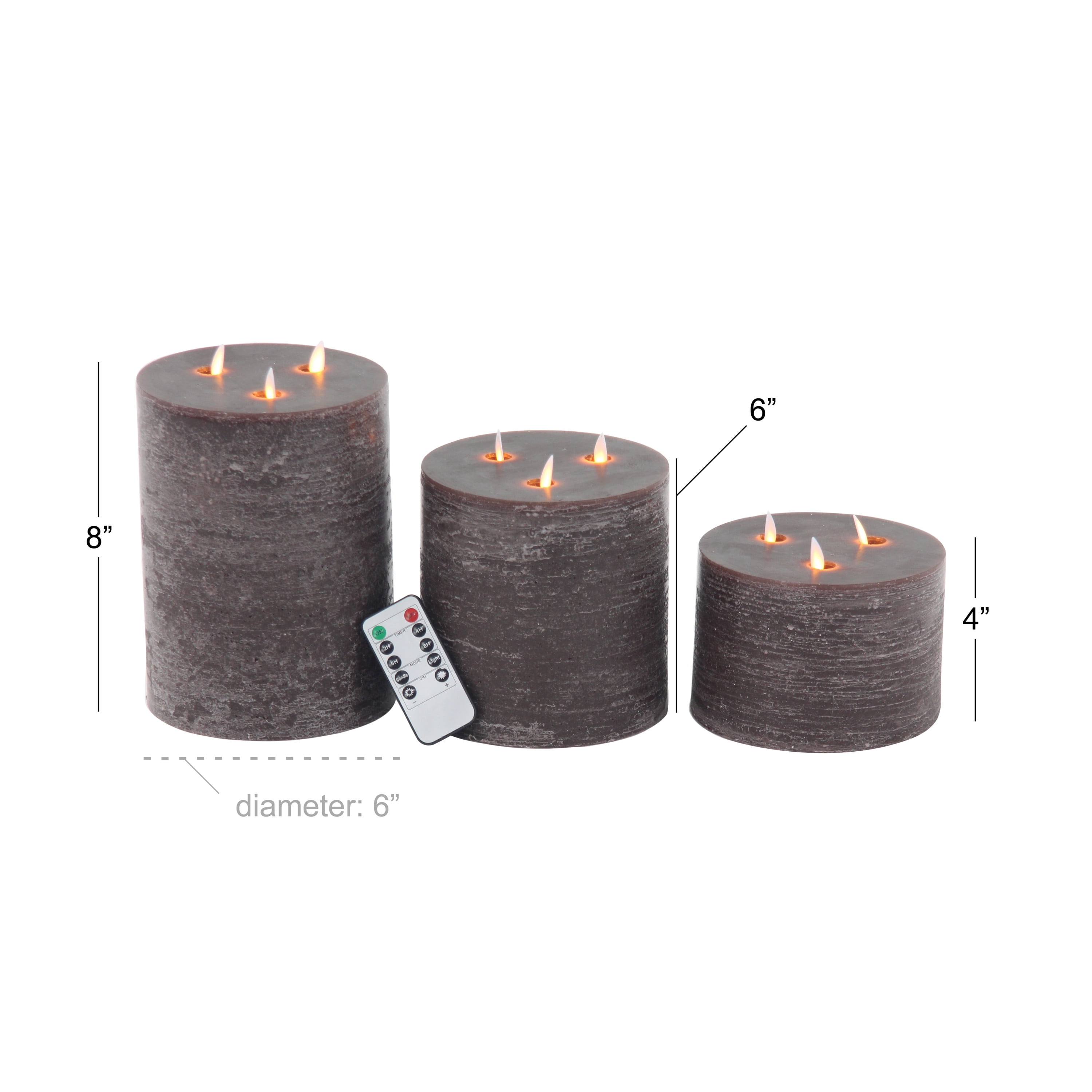 DecMode Brown Wax Indoor Outdoor Flameless Candle with Remote Control, Set of 3 4", 6", 8"H