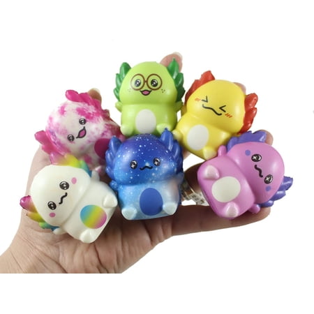 6 MINI 2" Axolotl Slow Rise Squishy Toys - Memory Foam Party Favors, Fidgets, Prizes, OT (RANDOM COLORS)