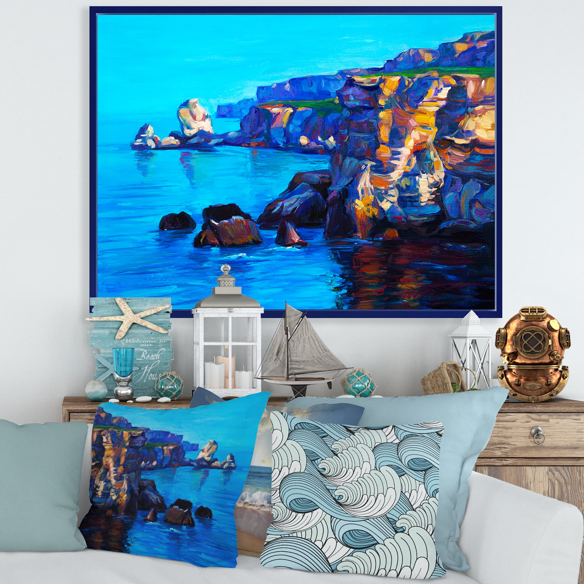 Designart 'The Ocean By Cliffs In The Evening Glow' Nautical & Coastal Framed Canvas Wall Art Print
