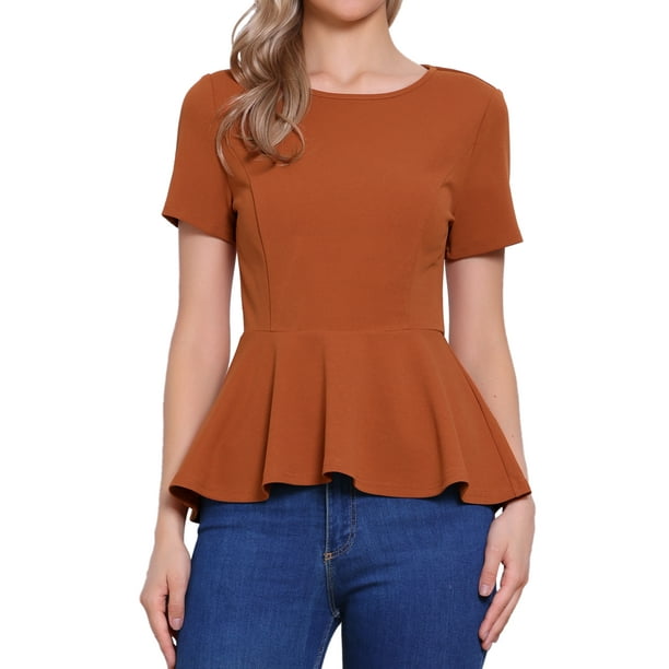 INSPIRAR CHIC Blusa de Peplum para Mujer de Manga Corta Cuello Redondo Clásica S Naranja Quemado