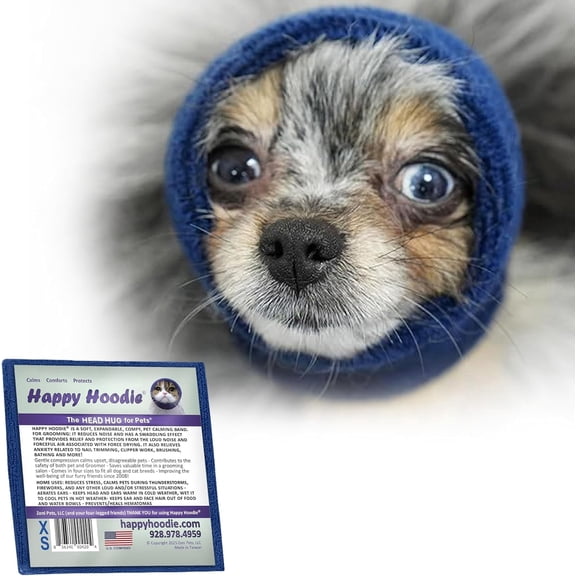 Happy Hoodie The Original Dog & Cat Calming Band for Anxiety Relief, Noise Protection, Grooming, Thunder, Fireworks, XS Blue, Since 2008