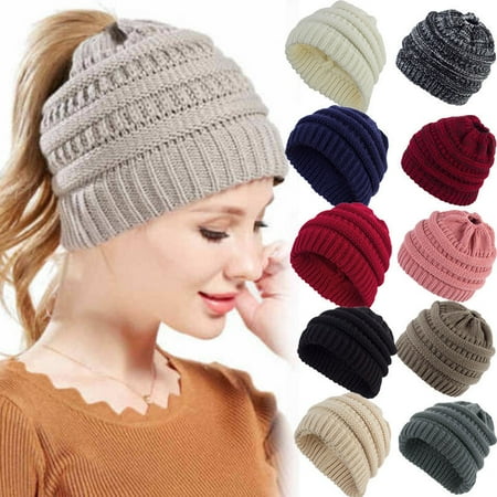 Rose Beanie Hat - Women Beanietail Messy Bun Ponytail Knitted Beanie Skull Winter Hat Lot