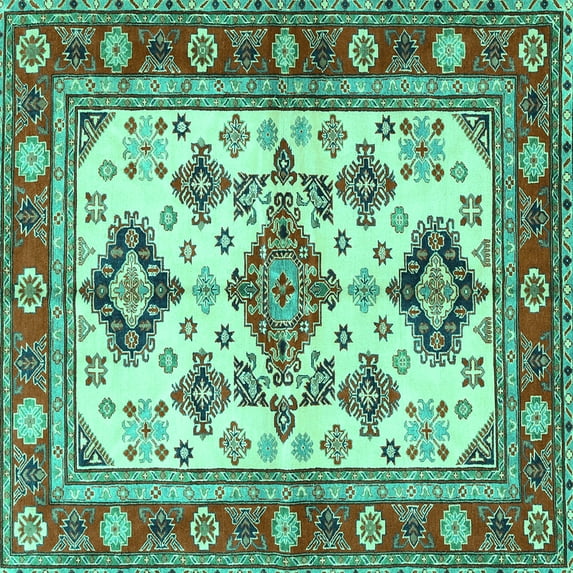 Ahgly Company Machine Washable Indoor Square Persian Turquoise Blue Traditional Area Rugs, 8' Square