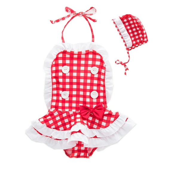 StylesILove Toddler Kids Girl Cute and Fun One-Piece Swimsuit with Hat 2pcs Set Bathing Pool Beach Swimwear (Checkered Red, 5/4-5 Years)