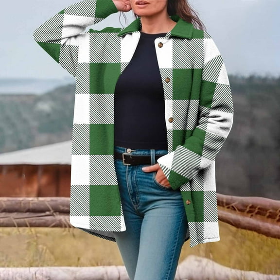 Yteetum Women's Oversize Plaid Printed Coats Notch Lapel Single Breasted Pea Coat Mid Length Wool Blend Trench Coats Womens Casual Loose Long Sleeve Button Fleece Jackets Coats Winter Clothes