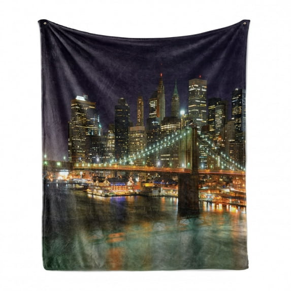 NYC Scene Soft Flannel Fleece Throw Blanket, Nighttime Picturesque of Downtown New York City Busy Urban Vibes, Cozy Plush for Indoor and Outdoor Use, 50" x 70", Dark Purple Multicolor, by Ambesonne