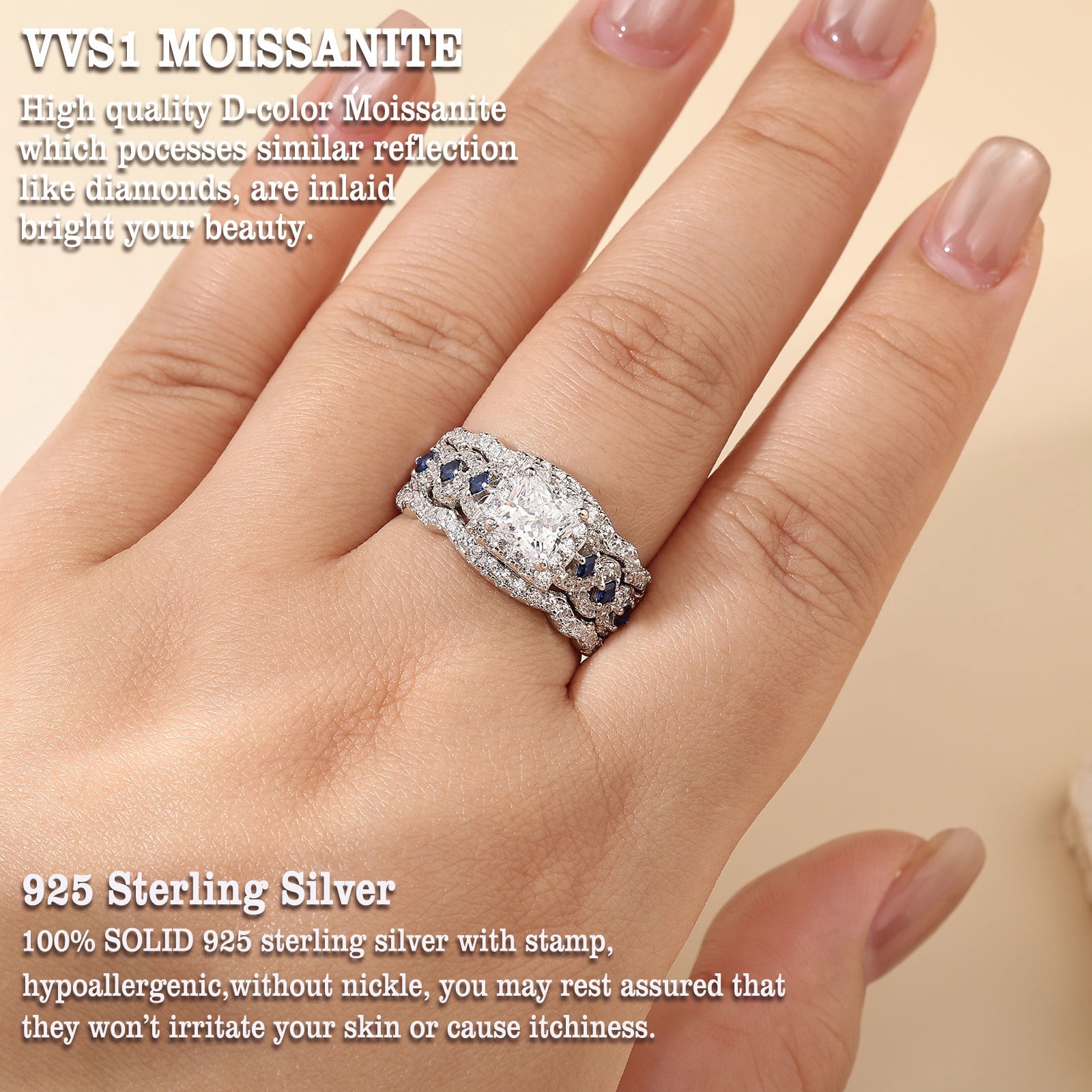Newshe Jewellery 3.5 Ct Moissanite Engagement Rings for Women 925 Sterling Silver Princess Bridal Ring Sets Blue Sapphire Size 7