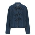 thumbnail image 4 of XPMWRP Women's Bow Tie Front Denim Jacket Loose Long Sleeve Lapel Solid Color Coats Casual Fall Winter Cute Outerwear Jacket with Pockets Blue XL, 4 of 6