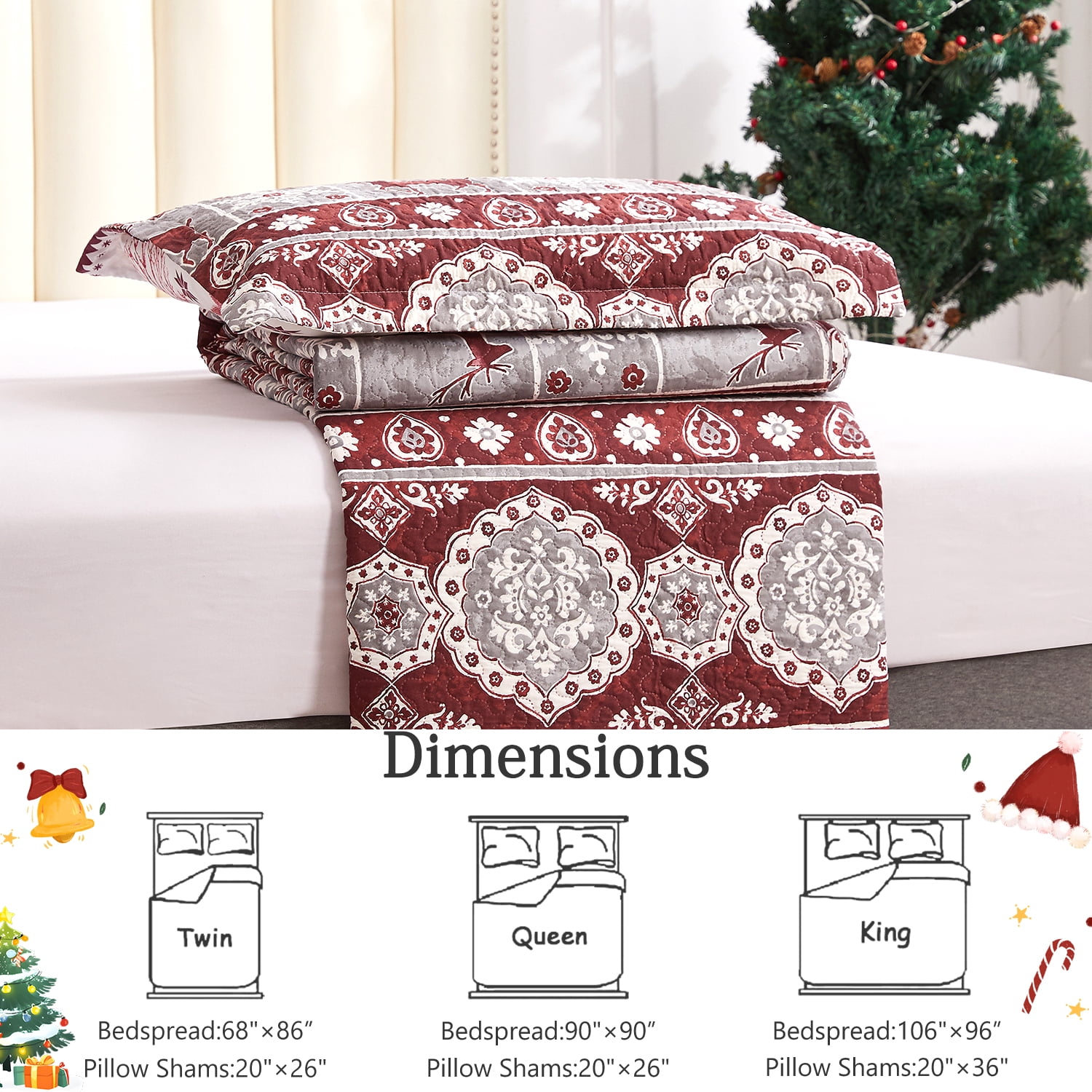 Jessy Home Christmas Quilt Set Queen/Full Size Rustic Holiday Bedding Set Red Moose Cabin Lodge Quilt Lightweight Soft Microfiber Xmas Bedspread Coverlet Christmas Gift with 2 Pillowcases