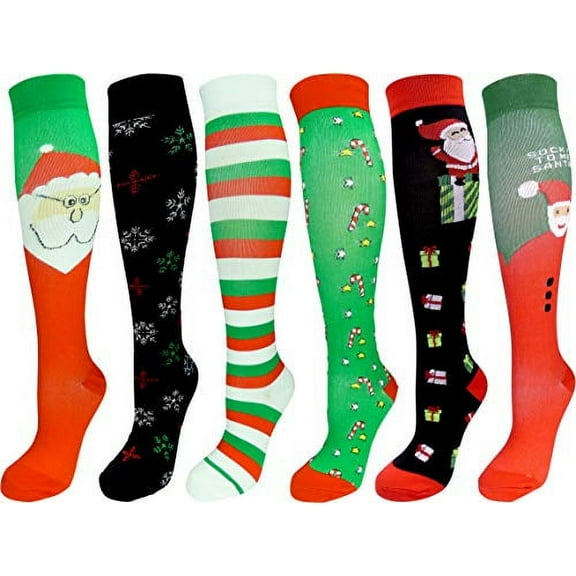 6 Pair Graduated Compression Socks for Men and Women (Christmas Set #1, Small/Medium)