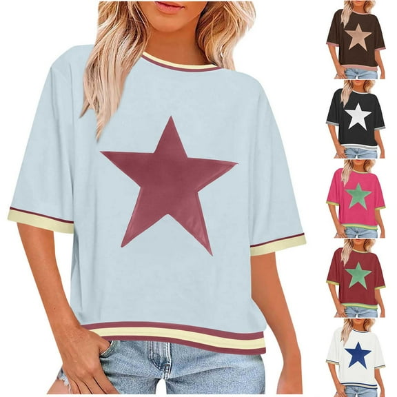 WRKEKC Short Sleeve Shirts for Women, Summer T-Shirts for Women, Women's Summer Casual Comfortable Printed Round Neck Short Sleeve Tops