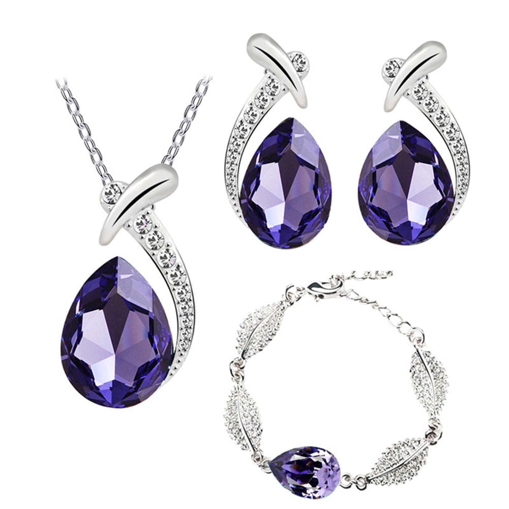 925 Silver Amethyst Heart Waterdrop Pendant Jewelry Women Necklace Earrings Set 