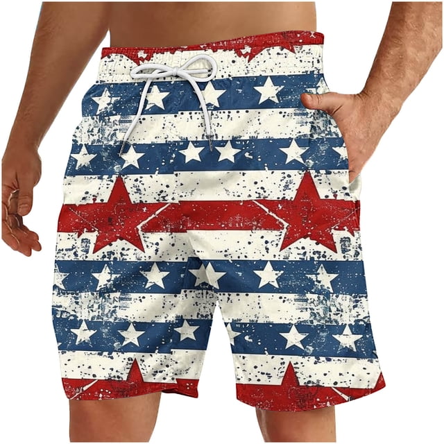 Pantalones Cortos Deportivos para Hombre, Pantalones Cortos de Playa con Cordón Impreso para el Día de la Independencia con Bolsillo Hechos de 95% Poliéster 5% Spandex, Pantalones Cortos Deportivos Pa