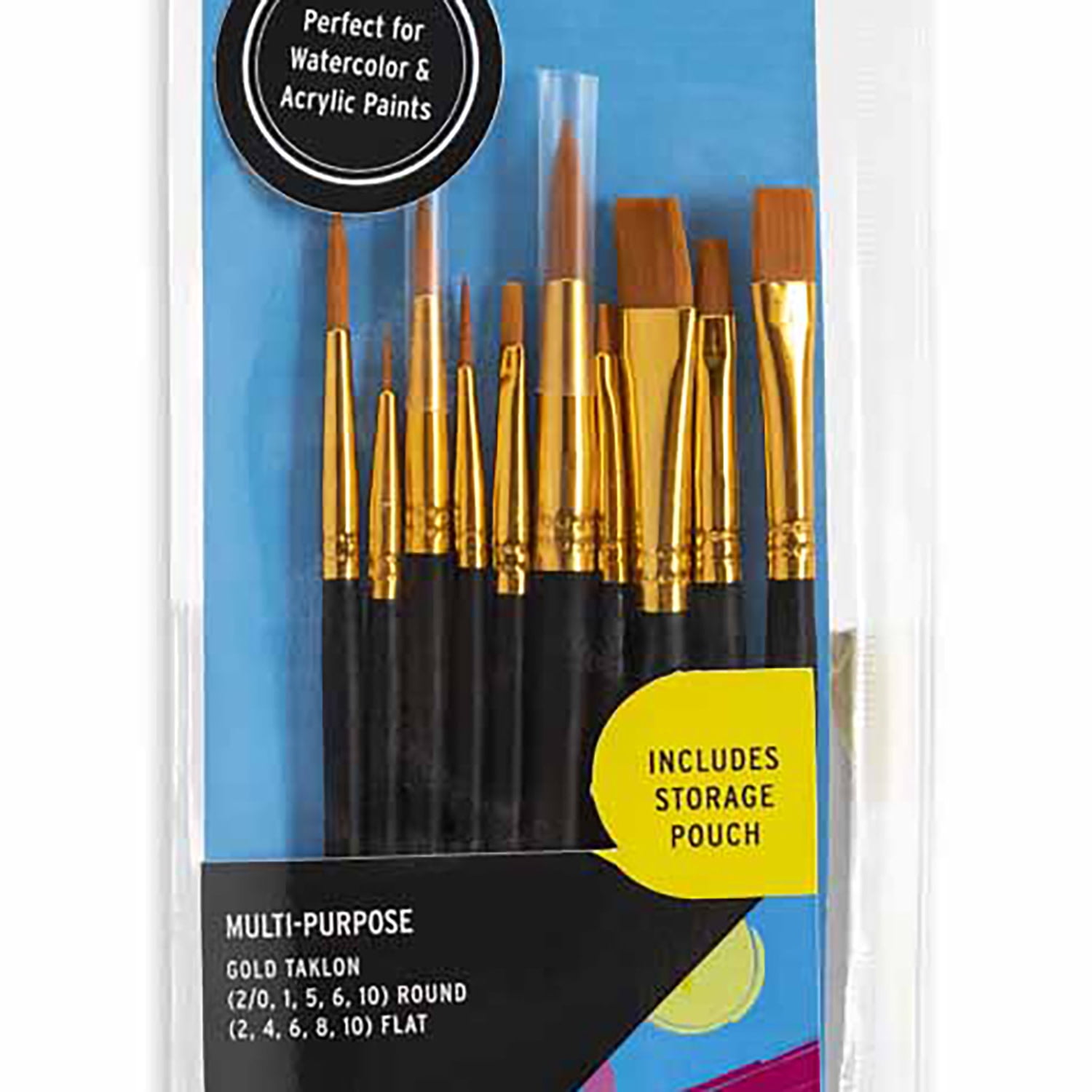 Brea Reese: Brush Set: Value Pack - 10pc - Gold Taklon Bristles, Storage Pouch, Perfect for Watercolor & Acrylic Paints, Adult Art Supplies
