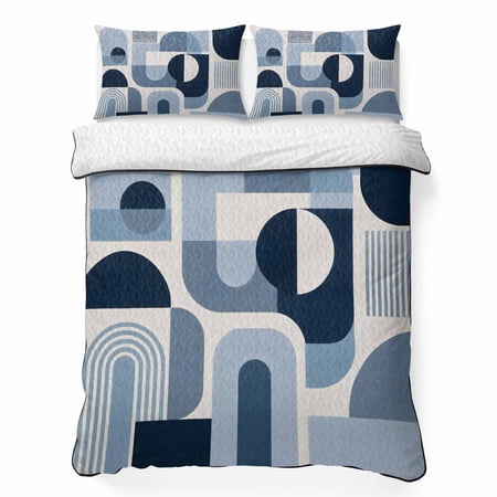 Abstract Boho 3 Piece Quilt Bedding Set with 2 Pillow Shams Nautical Steel Blue Arch Lines Coastal Minimalist Lightweight Bedspread Coverlet Soft Breathable All Season Quilt 79 x 90 Inch