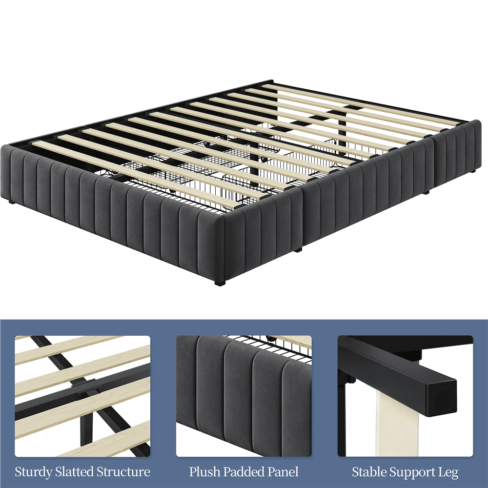 Fullfurnique Upholstered Platform Bed Frame with Three Storage Drawers, Full, Dark Gray