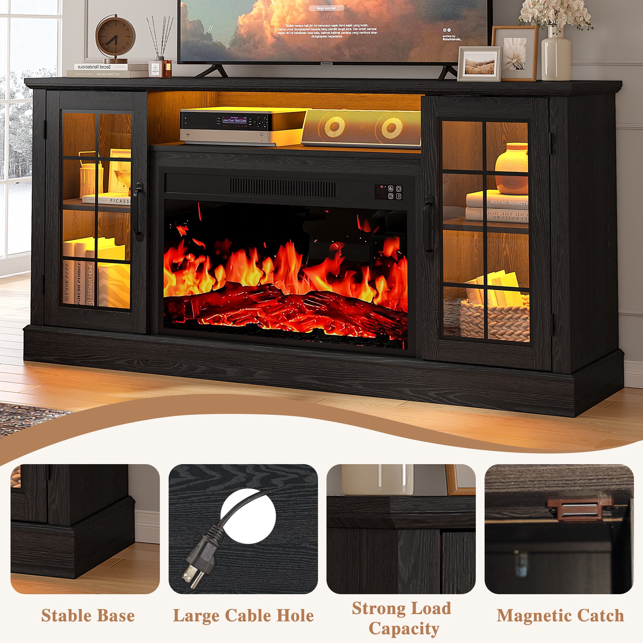 SYNGAR 63" Fireplace TV Stand for TVs up to 70" with 32" Electric Fireplace, Console Entertainment Center Television Table with LED for Living Room or Bedroom, Black