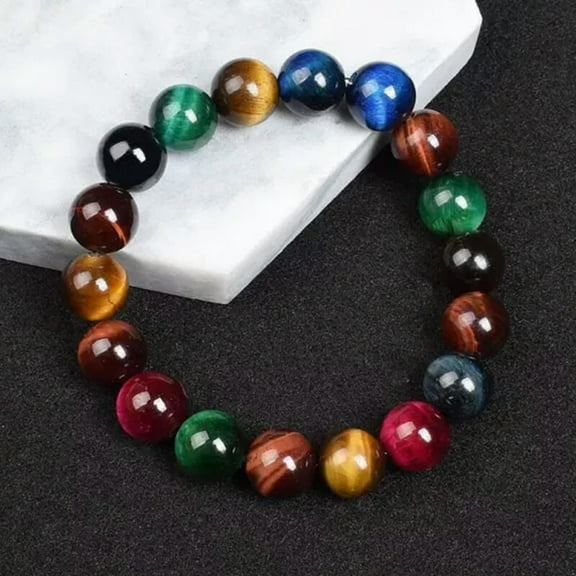 K-KED Natural Handmade Multicolor Tiger Eye Beads Stretch Bracelet Gemstone 7.5"-Multicolor Tiger's Eye-10 mm