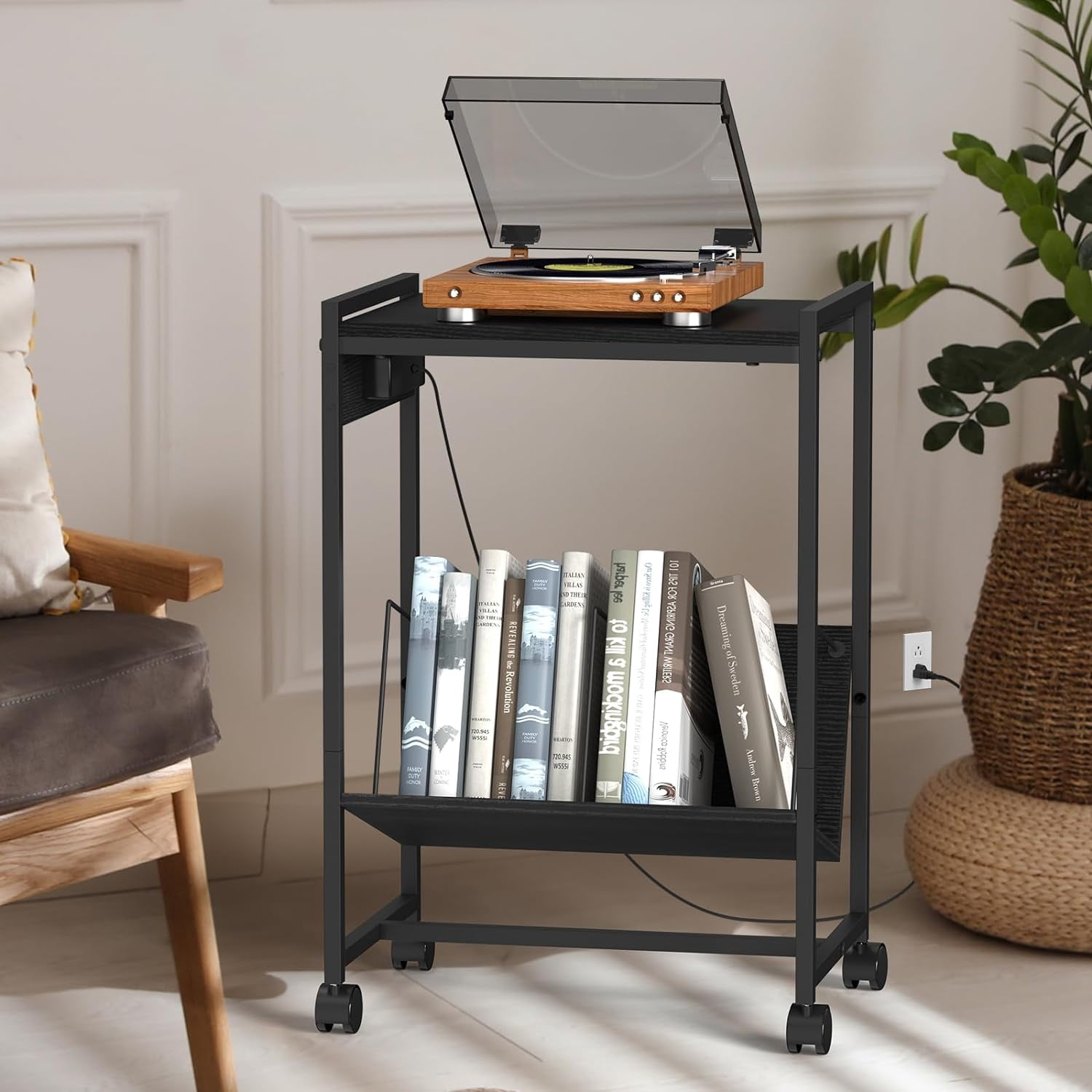 2-Tier End Table Record Player Stand with Charging Station and Vinyl Storage Shelf, Black