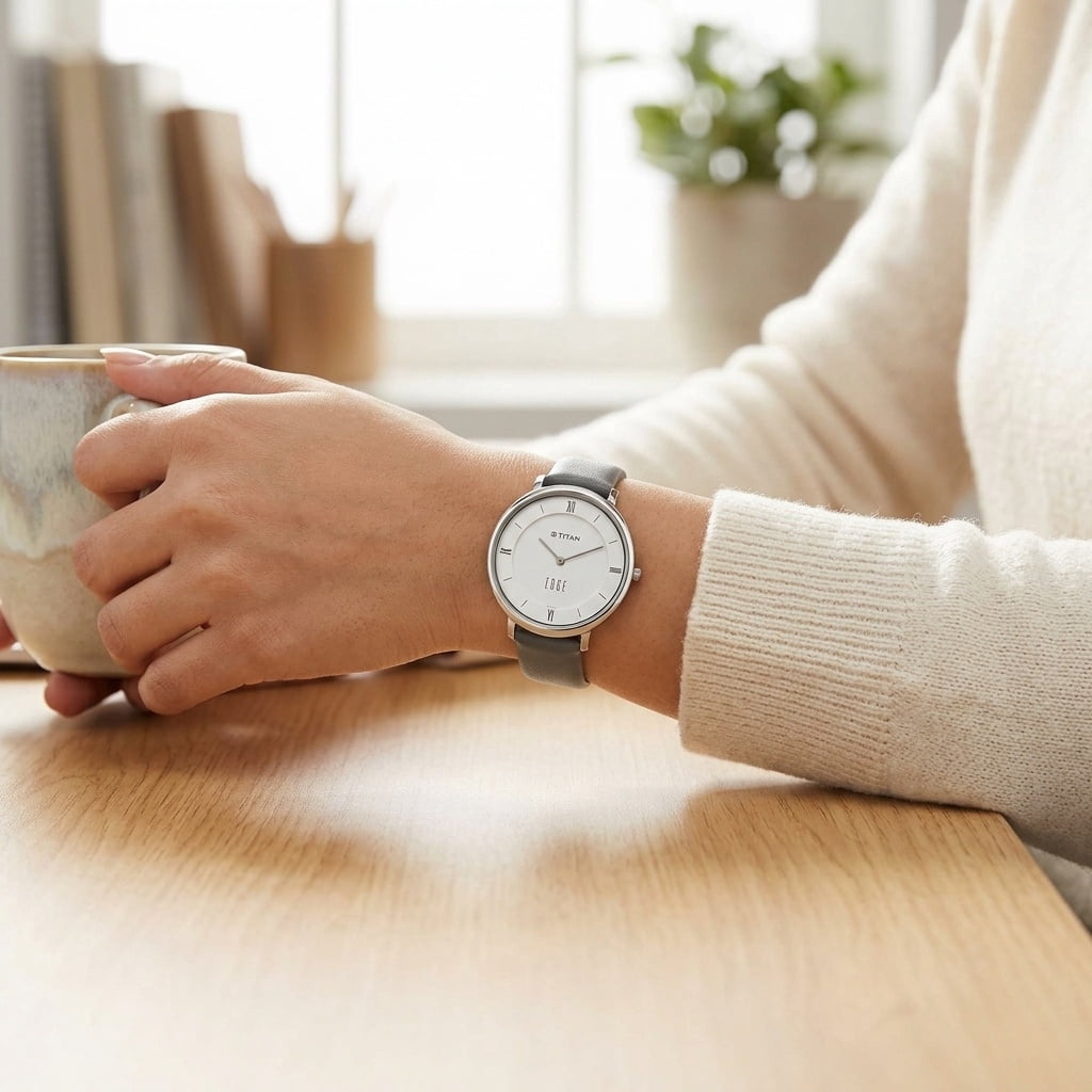 Titan Edge Quartz Analog Grey Dial Grey Leather Strap Watch For Women