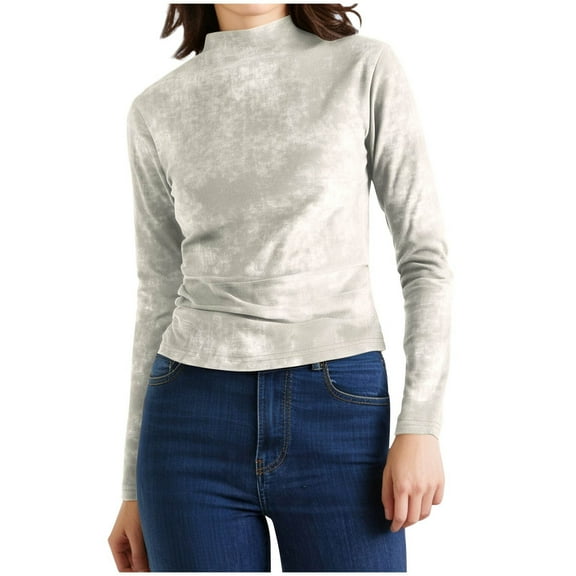 Lenpel Women's Fall Fashion Tops Tie Dye Mock Neck Long Sleeve Slim Basic Shirts Tight Casual Tees