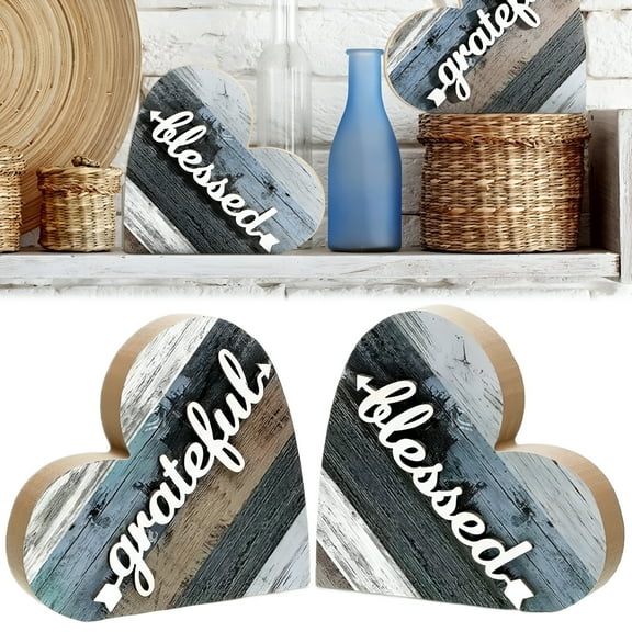 LAMIRO 2 Pcs Rustic Table Decorations for Living Room Home Decor Farmhouse Valentines Day Centerpiece Small Love Wooden Heart Decor for Dining Room Shelf Valentines Gift Decoration,Blue