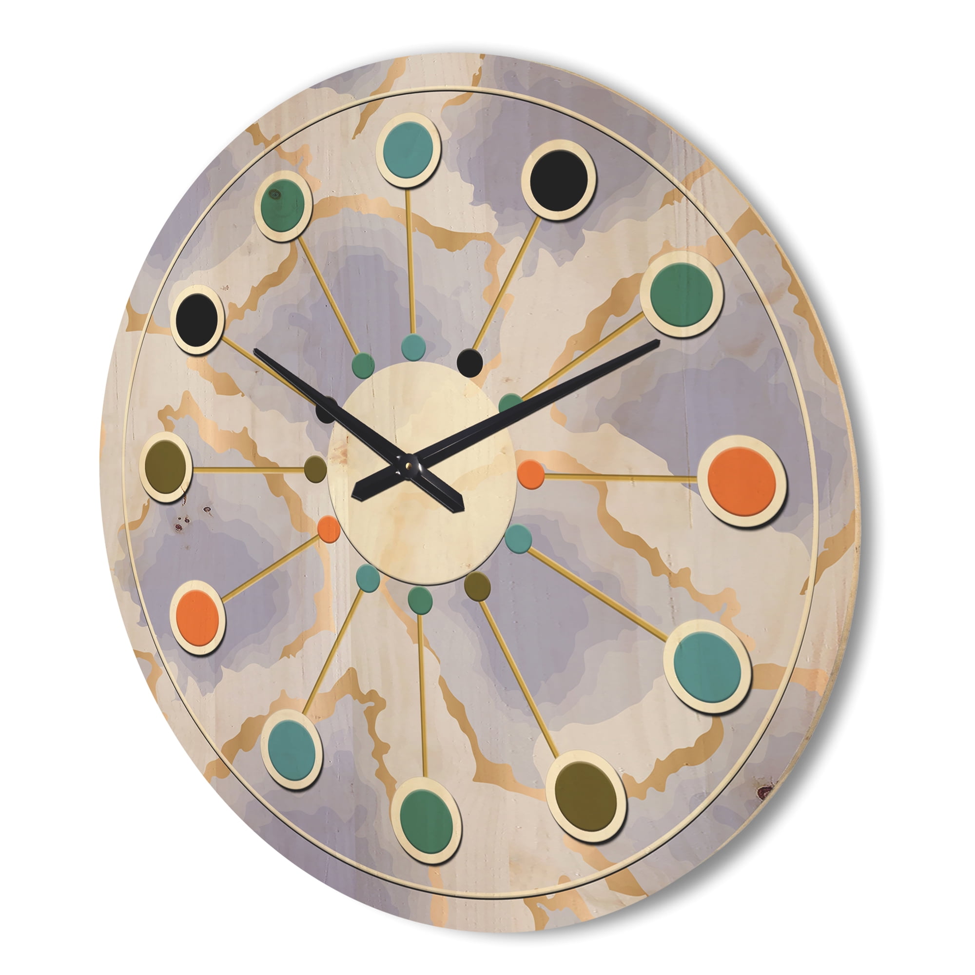 Designart 'Pastel Gold and Blue and Abstract Shapes Pattern' Mid-Century Modern Wood Wall Clock