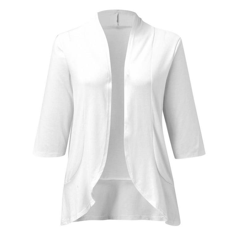Outfmvch Casual Lightweight Open Front Cardigans Soft Draped Ruffles 3/4  Sleeve Cardigan for Women Ladies Thin Solid Color Jacket White S
