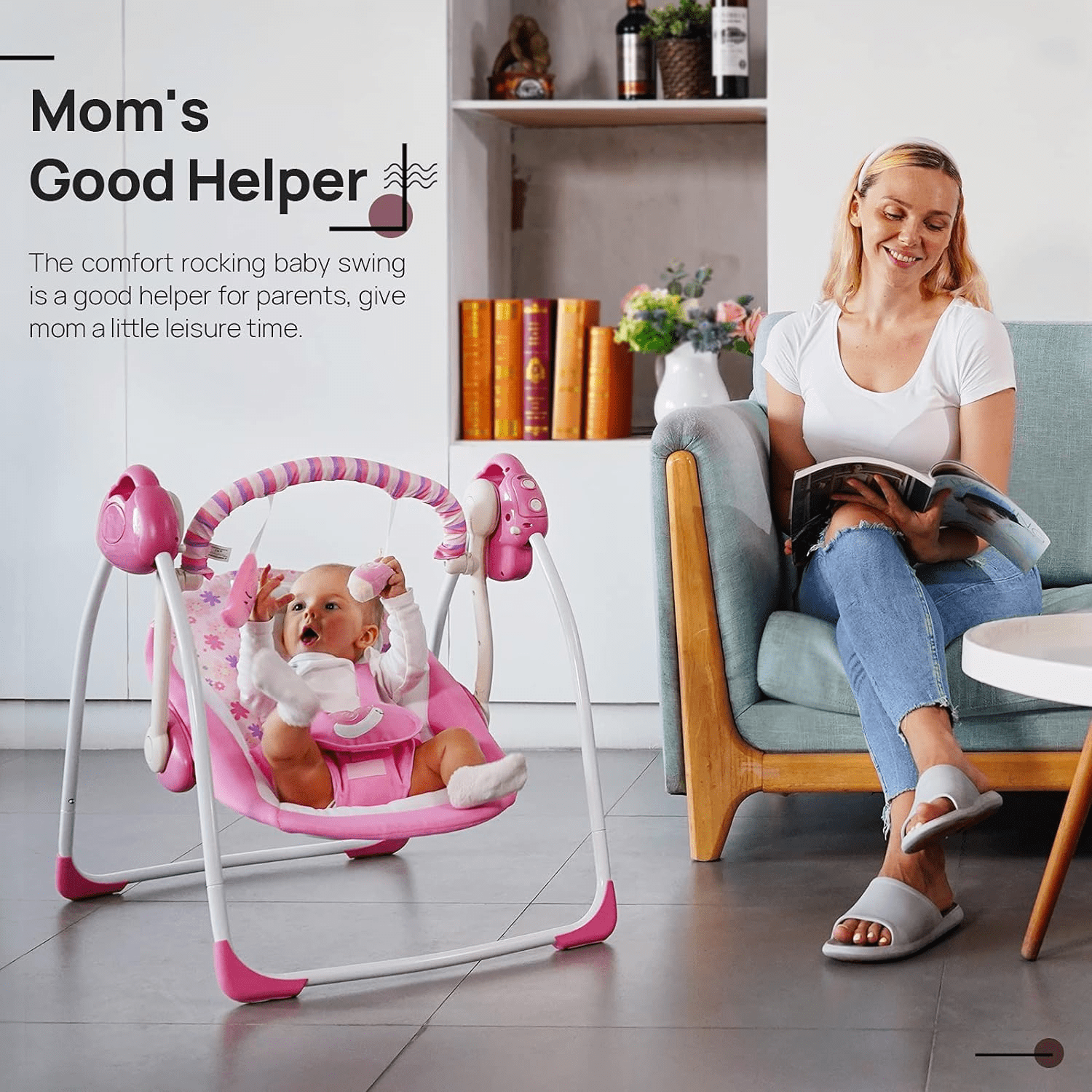 OEIKPFN Foldable Baby Swing for Infants with 6 Speeds & Soothing Music, 0-9 Months, Pink