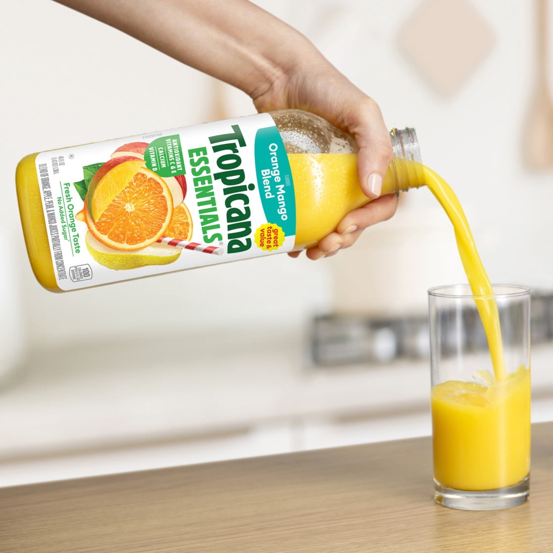 Tropicana Essentials Flavored Orange Mango Juice Beverage Blend With Other Fruit, No Pulp, 46 fl oz Bottle