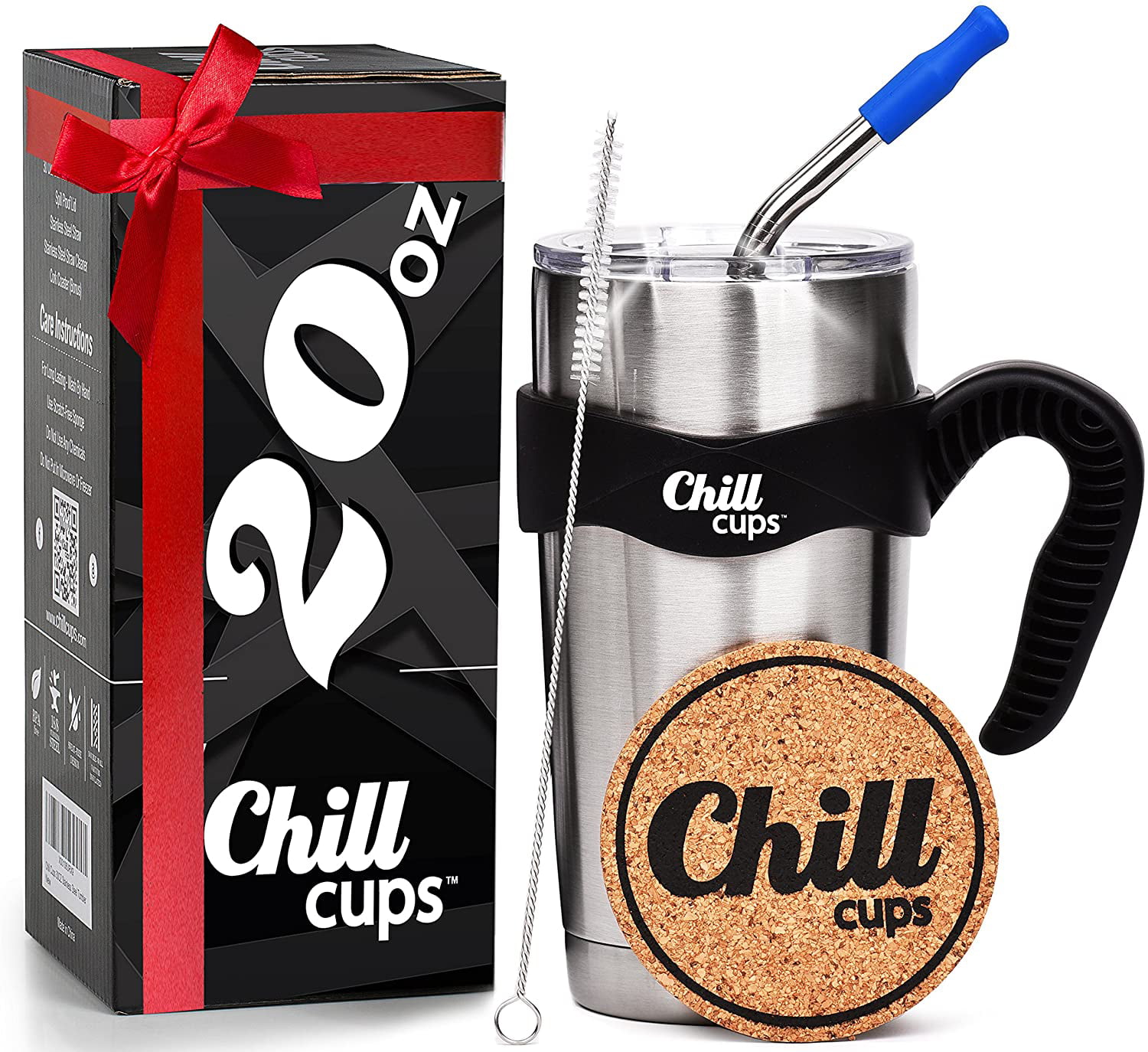 Insulated Travel Coffee Thermal Mug Silicone Tip Free Bonus Coaster by Chill Cups 20 oz Double Wall Vacuum Drinking Stainless Steel Tumbler Cup with Spill Proof Lid Handle and 8mm Straw 