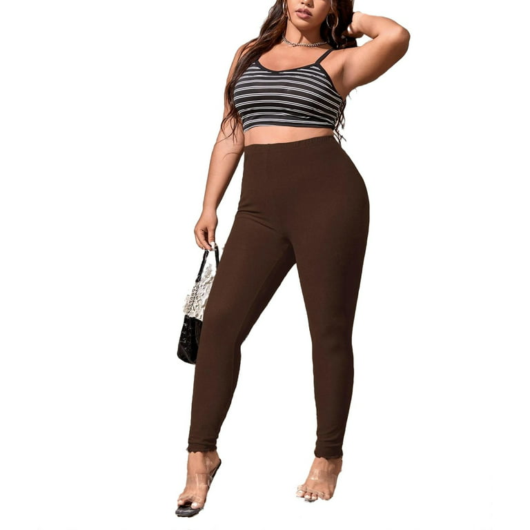 Casual Solid Regular Chocolate Brown Plus Size Leggings (Women's