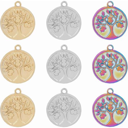 18Pcs 3 Colors Tree of Life Pendants Charms Flat Round Iridescent Sephirothic Tree Pendants Small 304 Stainless Steel Coin Dangle Charms for Jewelry Making Hole 1.5mm Colorful