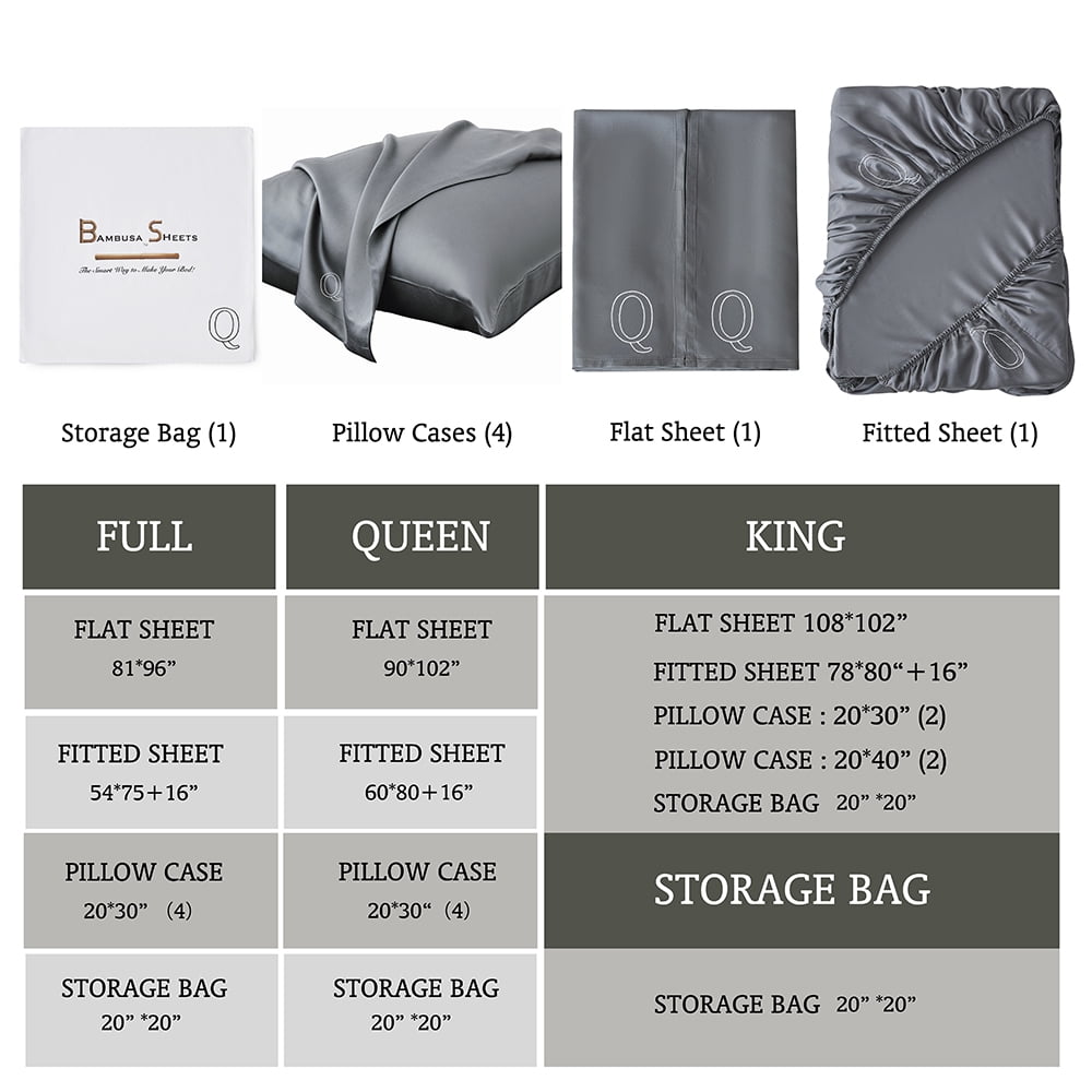 Bambusa: Soft, Cooling Luxury Bamboo Viscose- 7 Pc Bedding Set (Q=Queen, Grey)