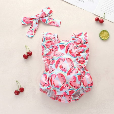 

EQWLJWE Newborn Infant Baby Girls Summer Ruffled Watermelon Bow Romper Bodytsuit Girls Harness Holiday Clearance