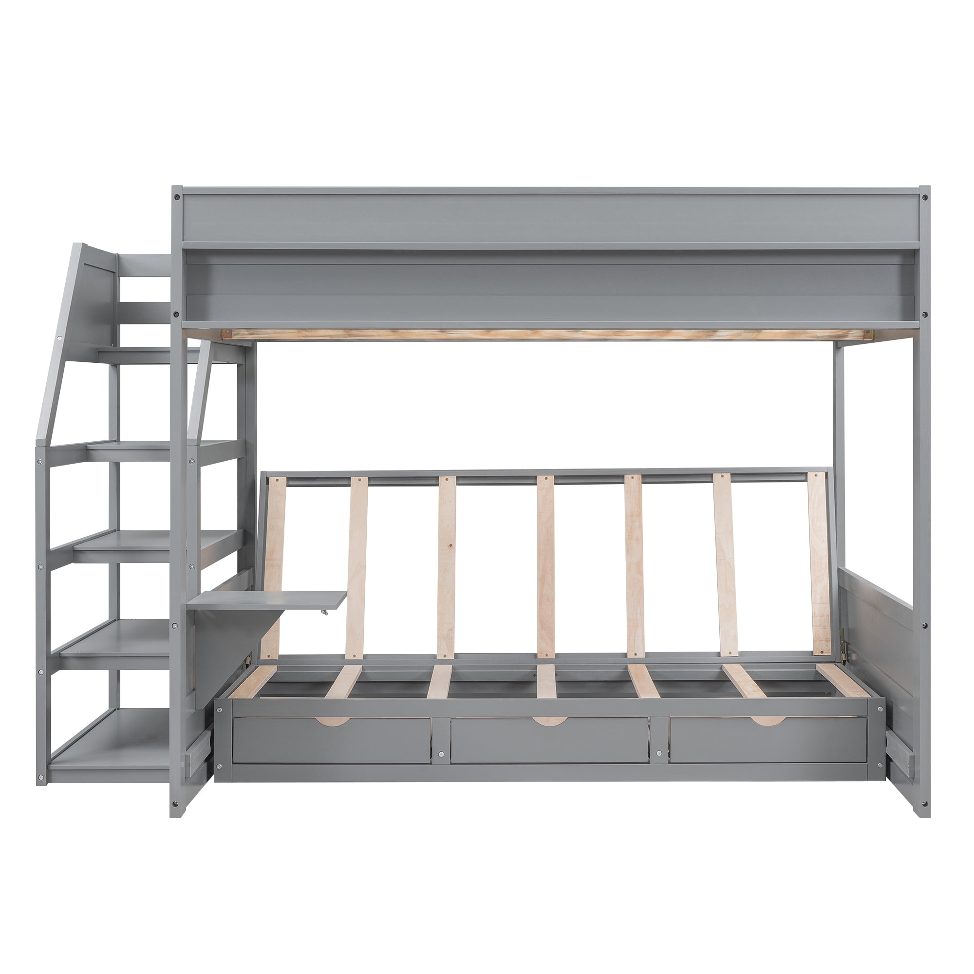 Euroco Wood Full Bunk Bed or Full over Futon with Shelf and Drawers for Kids Teens, Divided into 2 Single Beds