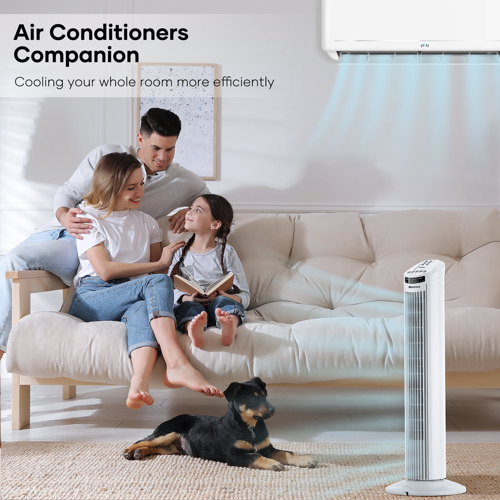 MaxKare 30" Tower Fan with Remote, 3 Speeds and Modes, Oscillating, Timer, White