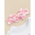 thumbnail image 5 of Bagilaanoe 3pcs Newborn Baby Girl Pants Set Letter Embroidery Short Sleeve Romper Tops + Checkerboard Flare Trousers + Headband 3M 6M 12M 18M Infant Casual Clothes, 5 of 8