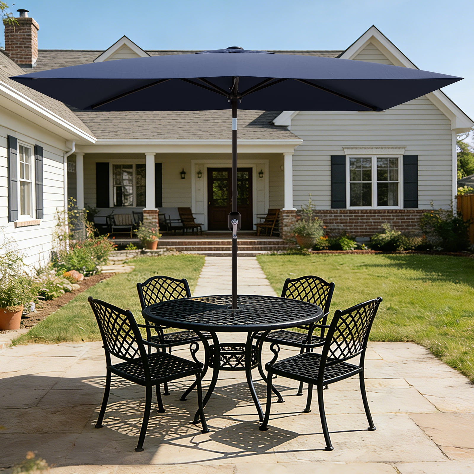 Memoryfield 10' x 6.5' Rectangular Patio Umbrella, Outdoor Market Umbrella with Crank Lift, 6-Rib Table Umbrella for Garden, Deck, Lawn & Pool, Navy Blue