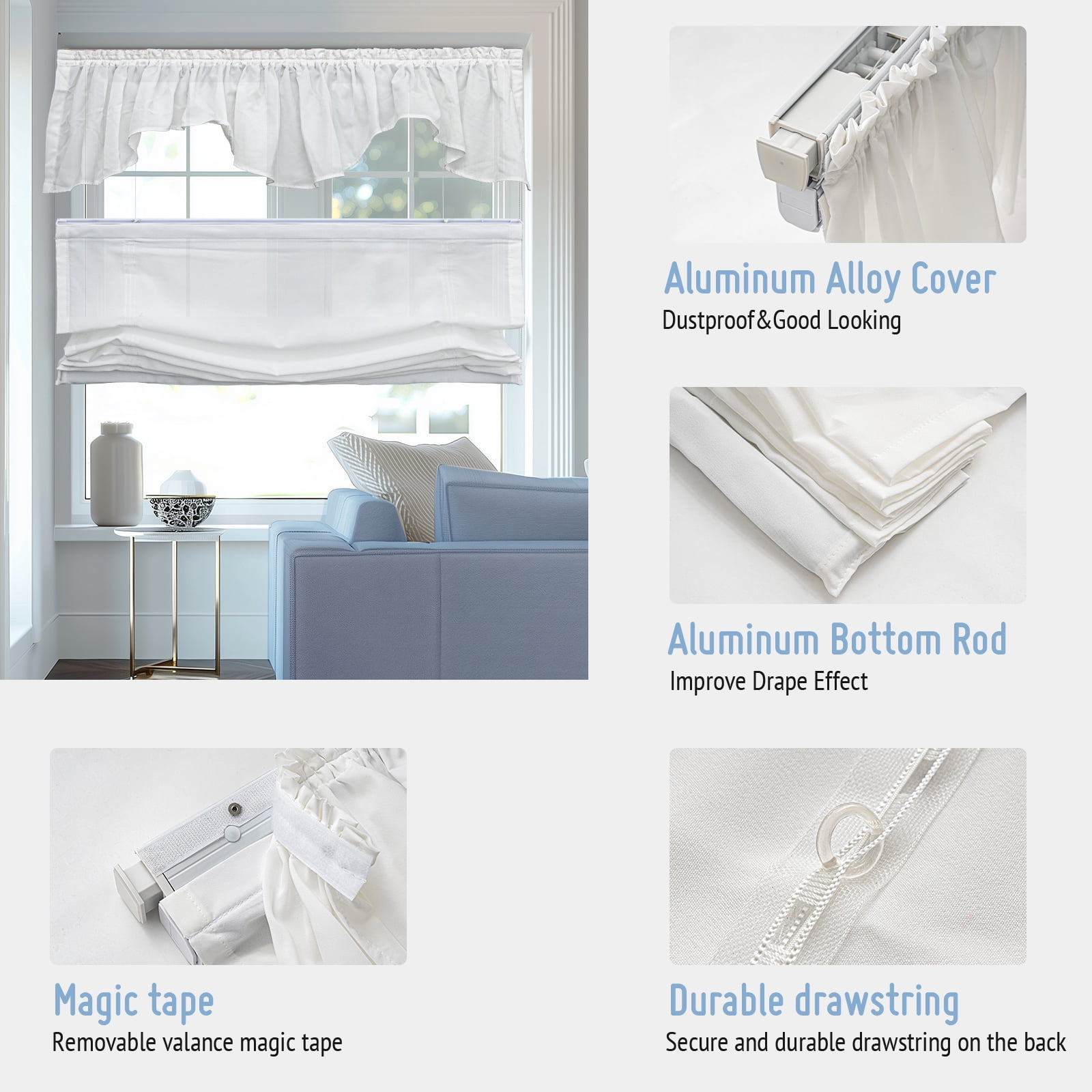 Keego No Drill Top Down Bottom Up Roman Shades for Windows Shades Light Filtering Cordless Roman Shades, Sheer Roman Window Blinds for Home (White, 27"W x 36"H)