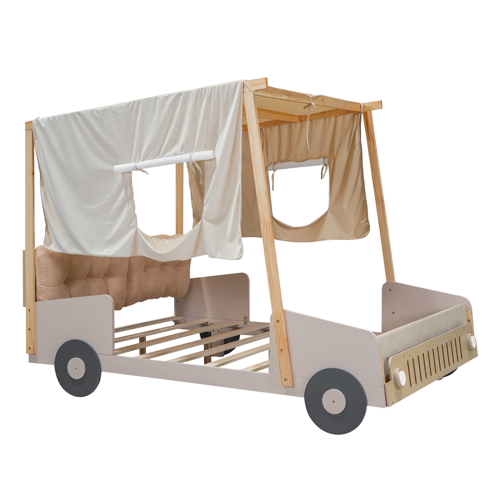 DSstyles Car-Shaped Platform Bed Frame For Kids With Headboard Pillow Ceiling Cloth LED Light For Toddler Children Boys Girls