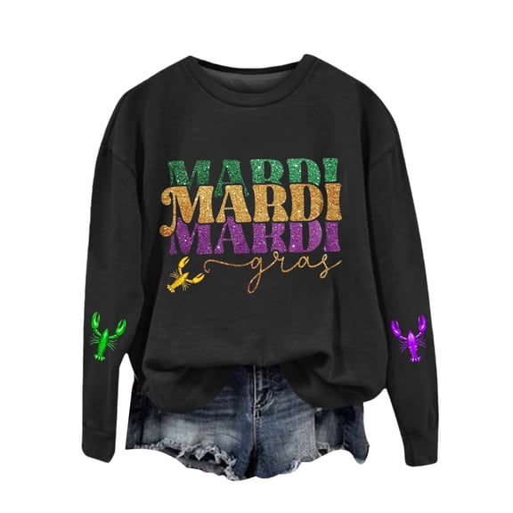 Tweang Mardi Gras Outfit for Women Plus Size Women Mardi Gras Print Sweatshirt Xmas Sweaters Fall Sweatshirts for Women Mardi Gras Sweatshirt Women Thanksgiving Sweatshirts for Women Black 1 L