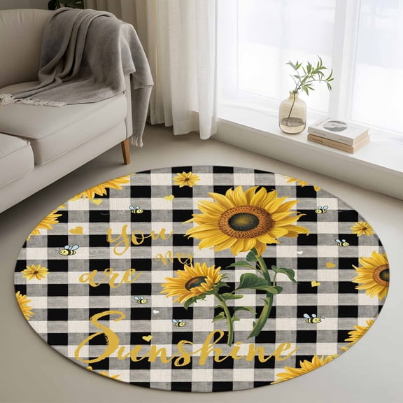 Small Round Rug 3Ft Washable Non-Slip, Sunflower Checked Circle Area Rugs for Living Room Bedroom, Vintage Garden Floral Bees Farmhouse Indoor Floor Mats Carpet Runner for Home Decor