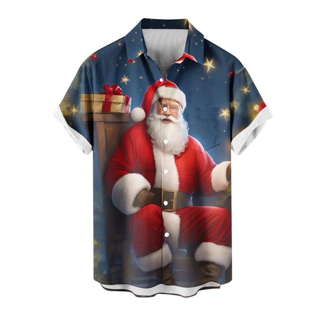 Mens Shirts Casual Short Sleeve Button Down Collar Christmas Print Summer Polyester for Men
