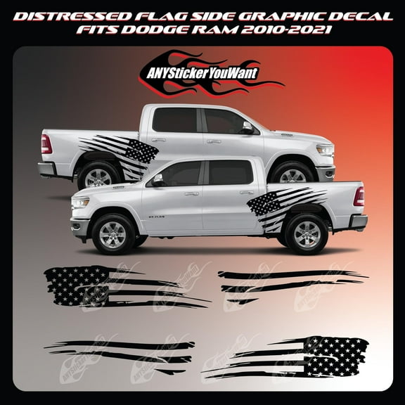 Distressed USA Flag Side Graphic Vinyl Decal Compatible with and Fits Dodge RAM 2010-2021 - Set of Two